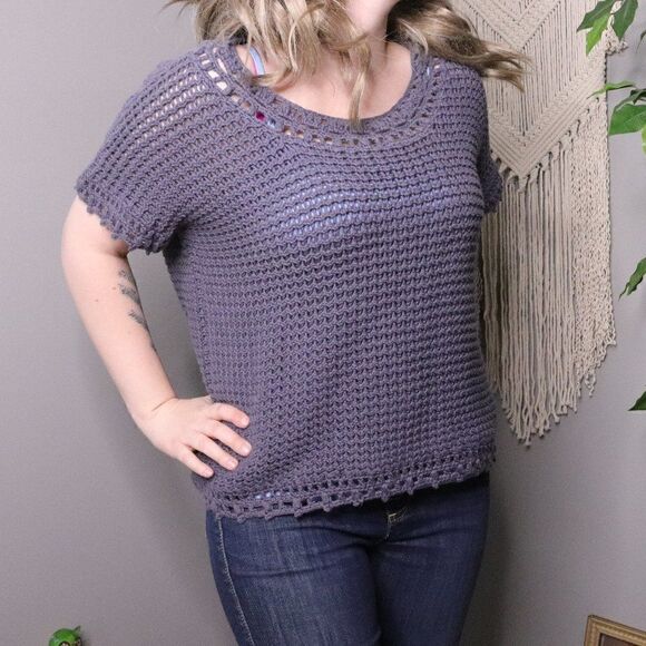 Pure Handknit | Chunky Knit Crochet Short Sleeve Blouse - Picture 2 of 7